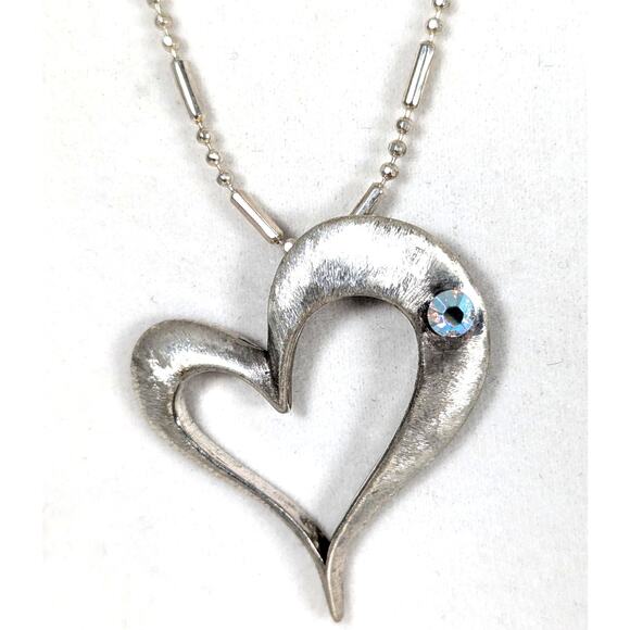 Sterling silver cast heart pendant brushed finish CZstone, chain SP18"Heart 11/2 - Picture 1 of 7